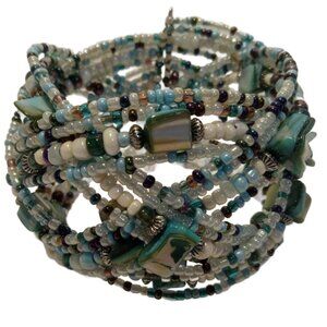 Beaded Cuff Bracelet Womens Teal Multi Color Criss Cross Memory Wire Stretch